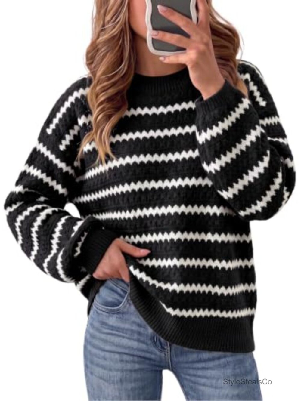 Women Oversized Knit Sweater Balloon Sleeve Crewneck Pullover